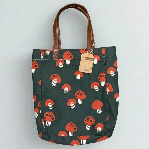 MAIKA Woven Market Tote Bag NWT Mushroom Pattern Vegan Leather - Picture 1 of 9